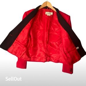 Vintage Women's Red Wool Blazer M Black Velvet Collar